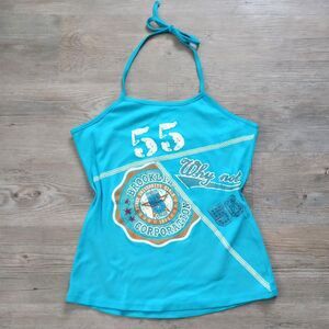 Y2K Blue Why Not Graphic Halter Blokette Top